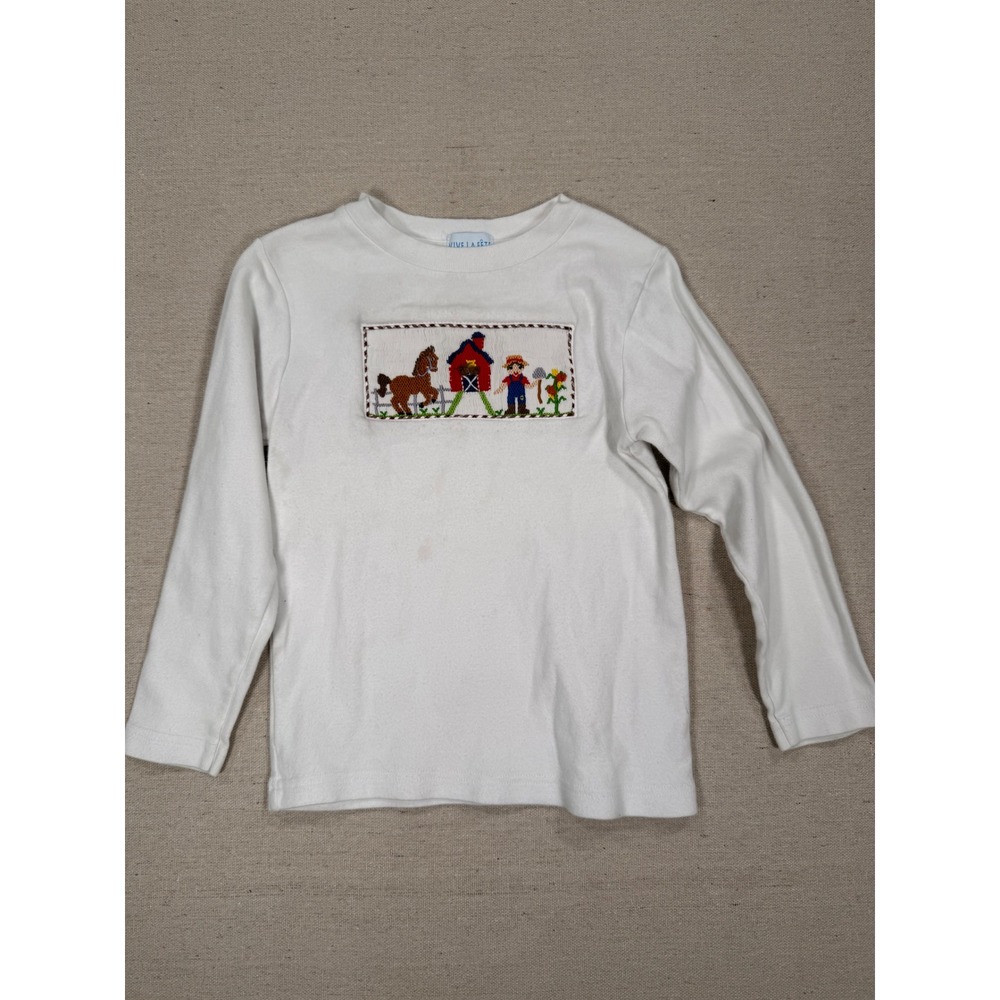 Vive La Fete Kids White Smocked Farm Barn Horse Long Sleeve Shirt Size 3 90s